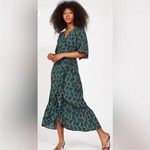 NWOT Silk & Salt Journey Maxi Wrap Dress in African Peacock Print XL Green Blue